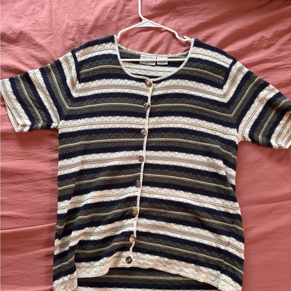 Basic Editions Striped Button-Front Top in Cream, Black & Olive